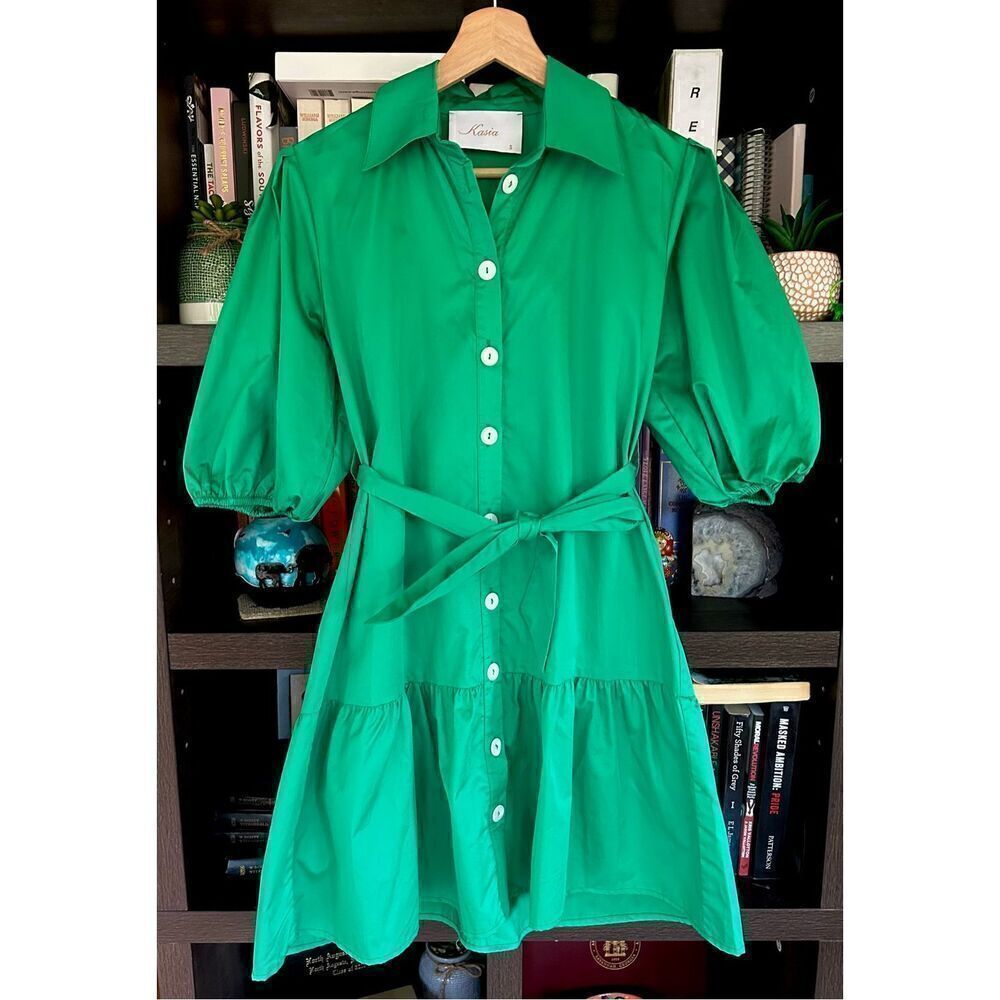 NWOT Kasia Green Puff Sleeve Tiered Button Front Mini Dress Size Small